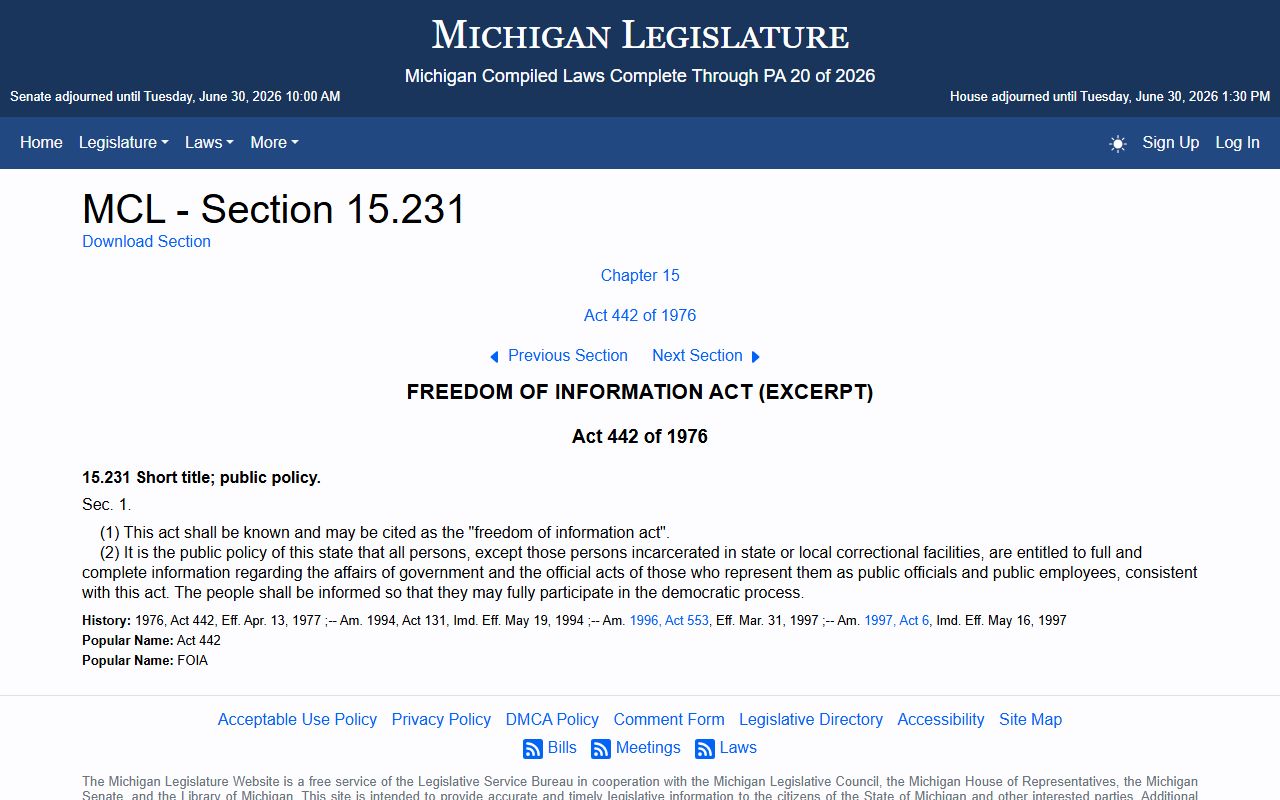 Huron County Clerk of Court Michigan Freedom of Information Act short title
