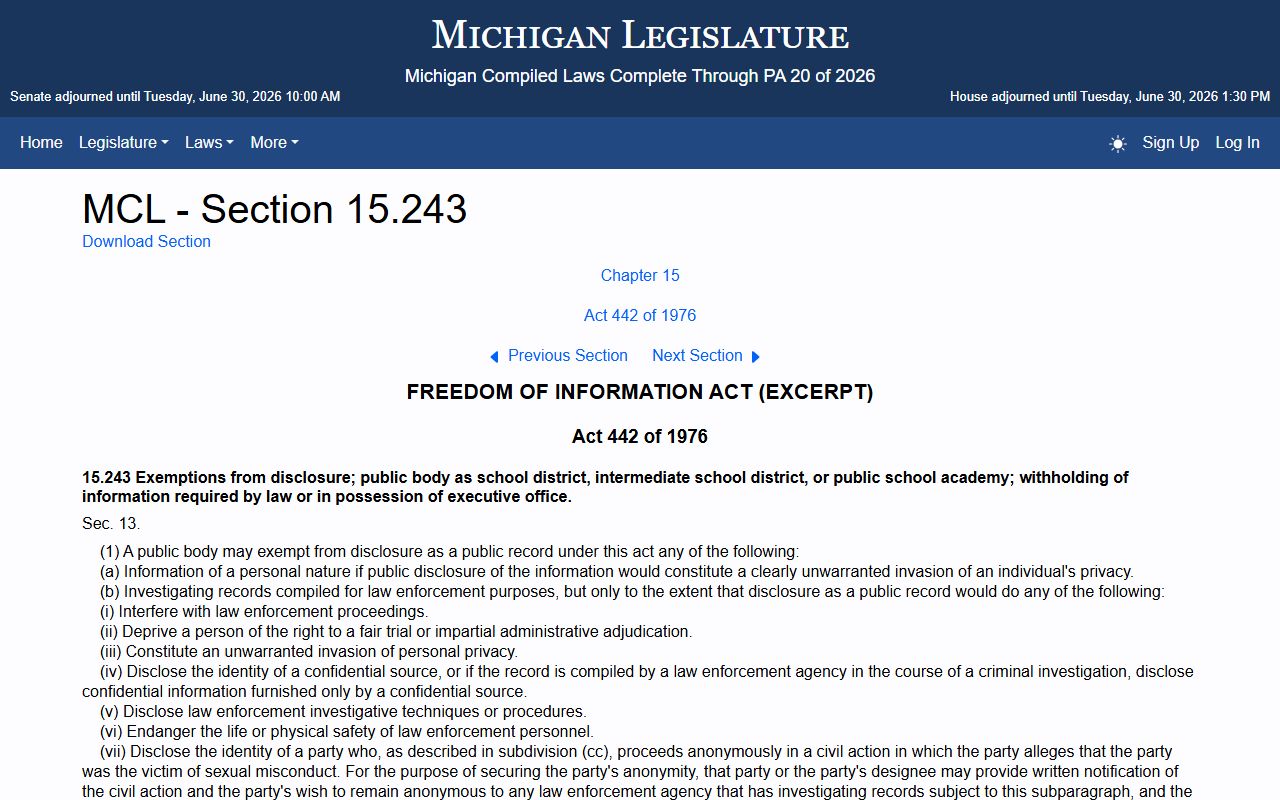 Huron County court records Michigan FOIA exemptions statute