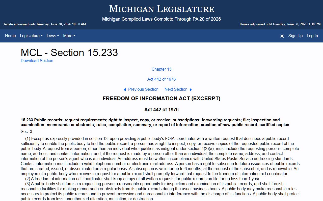 Huron County court records Michigan FOIA right to inspect and copy