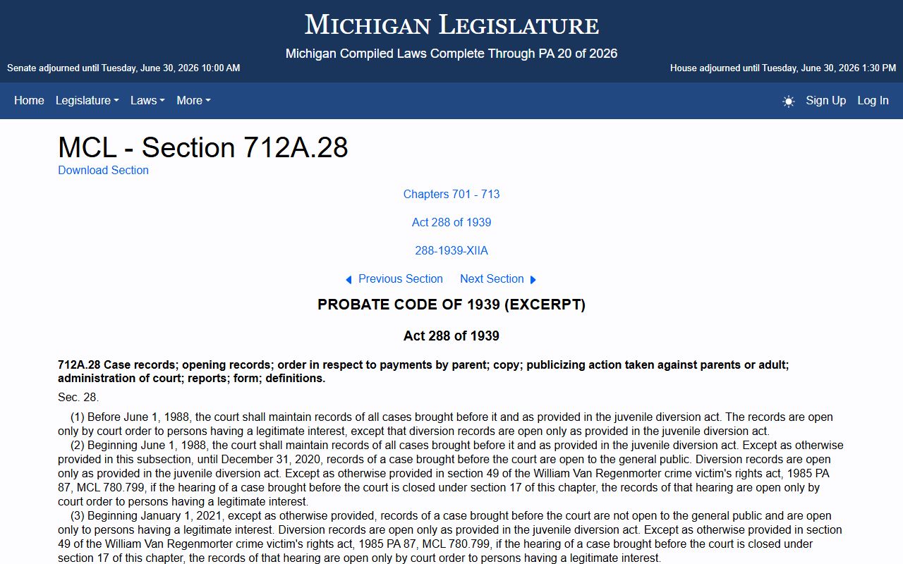 Huron County criminal court records and Michigan juvenile records statute MCL 712A.28