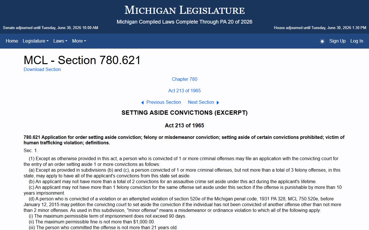 Huron County criminal court records and Michigan expungement statute MCL 780.621