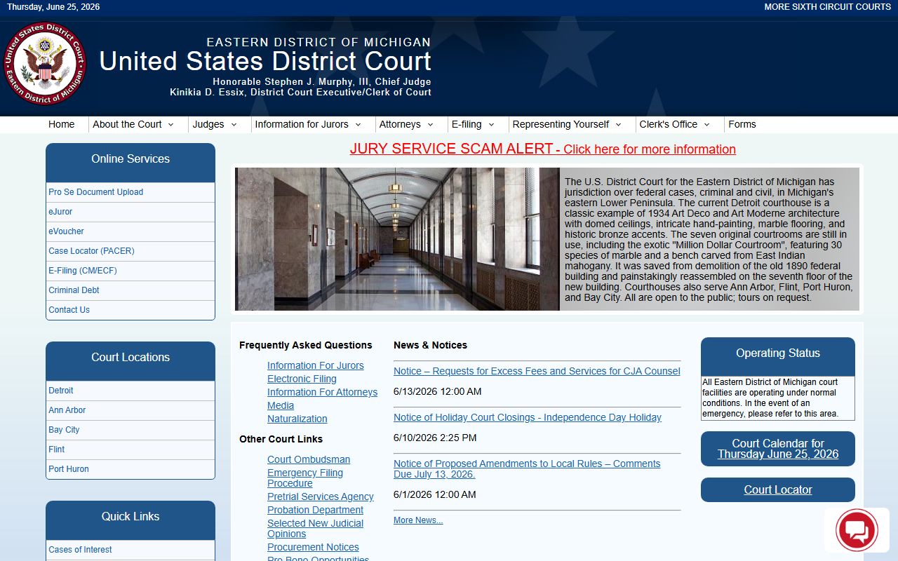 Huron County federal cases route to the U.S. District Court for the Eastern District of Michigan