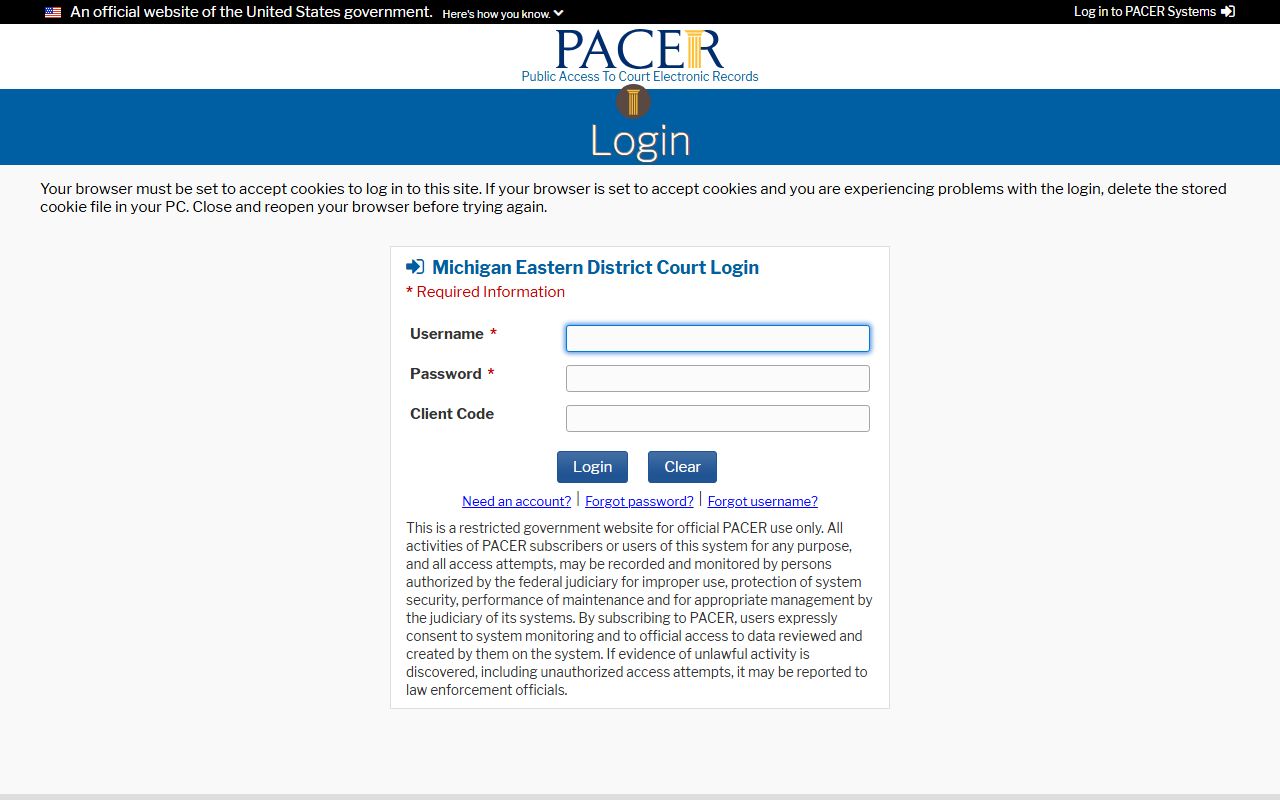 PACER login used for federal court records that fall outside the Huron County circuit court