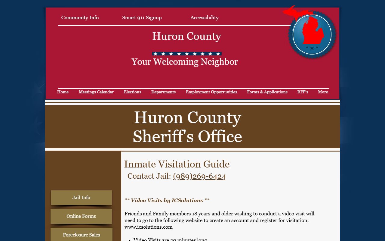 Huron County inmate records jail information page from the Sheriff's Office